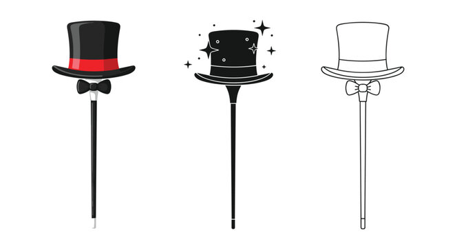 Set of three magic wands featuring a black top hat with a red ribbon in colorful, silhouette, and line art versions for magic performance design.