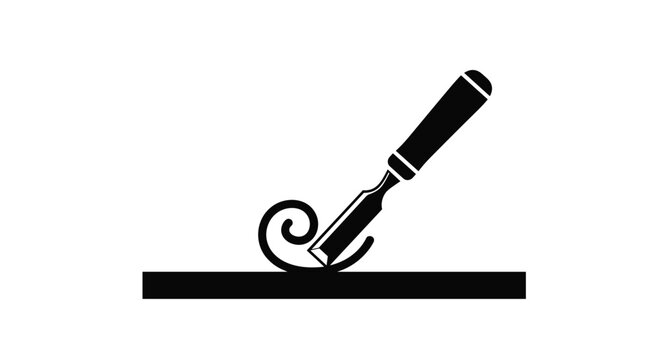 Handheld wood chisel silhouette is shown carving a curved shaving from a flat piece of wood in a representation of carpentry and woodworking.