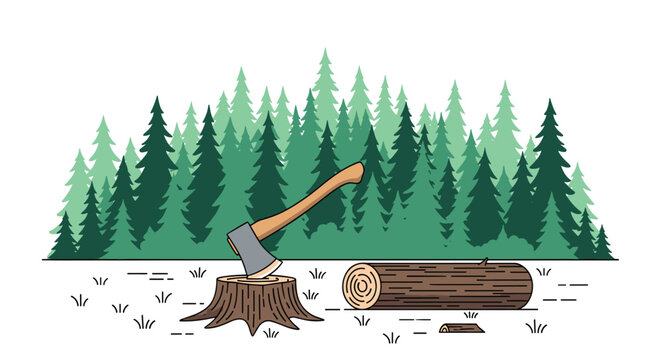 Logging scene in a pine forest features a freshly cut tree stump with an axe embedded in it next to a large wooden log on the snowy ground.