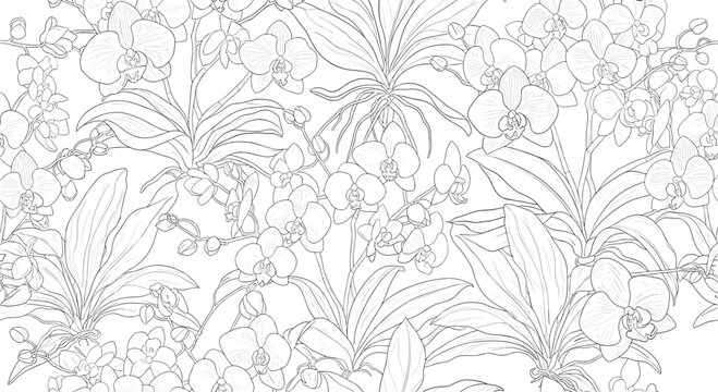 Intricate black and white line drawing of exotic orchid flowers and leaves in a seamless repeating floral botanical pattern.
