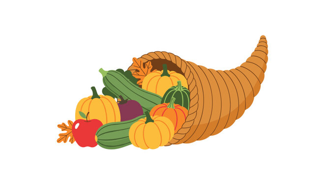 Traditional horn of plenty or cornucopia overflowing with colorful pumpkins gourds squashes and a red apple for harvest.