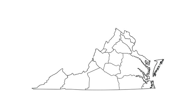 Precise outline map of the state of Virginia showing individual county boundaries in a clean black and white vector format.