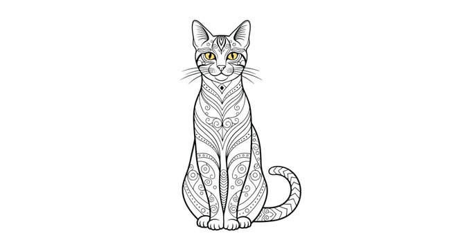 Highly detailed black and white zentangle cat illustration with intricate patterns and golden eyes in a sitting pose.