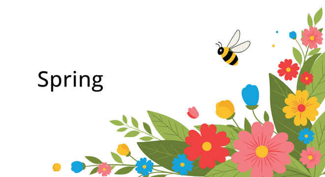 Bright spring floral arrangement with colorful flowers and green leaves featuring a flying bumblebee and the word Spring.