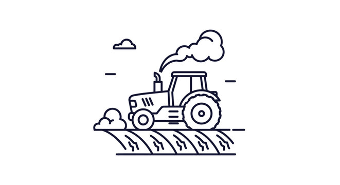 Detailed line art icon of a farm tractor working in a plowed agricultural field with clouds and smoke coming from the exhaust pipe.
