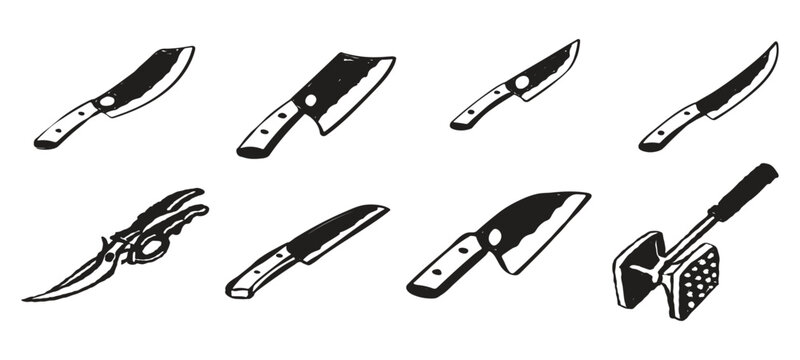 Professional collection of illustrated butcher knives and culinary equipment. Designed for high-quality food service advertisements, gastro-pub signage, and cooking class flyers.