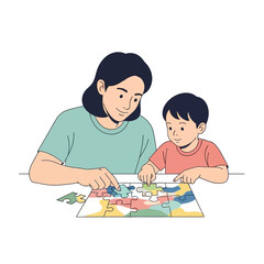 Fototapeta premium Mother and Child Solving Jigsaw Puzzle Together