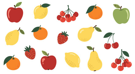 Obraz premium Collection of colorful fruit illustrations including apples, lemons, oranges, strawberries, cherries, and pears on a white background.