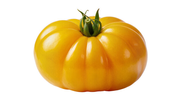 Isolated fresh ripe yellow heirloom beefsteak tomato with green calyx, vibrant and healthy