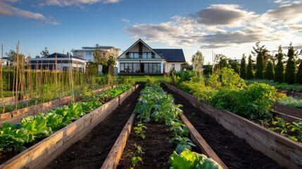 Fototapeta premium Peaceful backyard garden with neat rows of vegetables