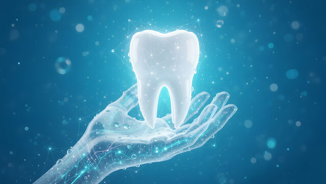 Futuristic Digital Dentistry Concept with Tooth and AI Hand