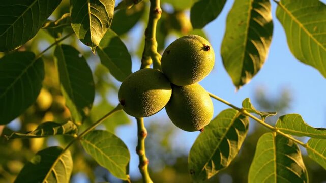 Ripe walnuts hanging on a tree branch illuminated by the warm sunlight of a sunny day with green leaves