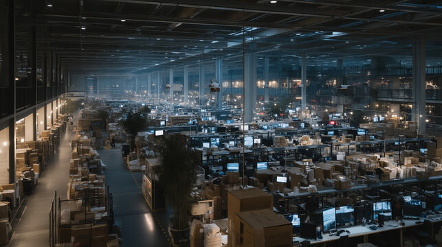 E-commerce returns processing center with items sorted by category across vast floor space, quality control stations glowing under task lighting in otherwise dim facility, ideal for reverse logistic