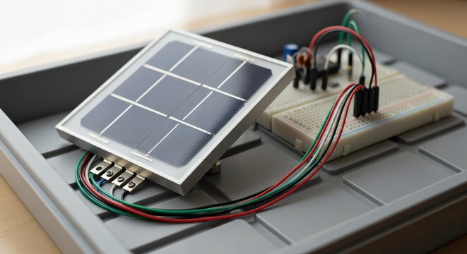 DIY solar panel kit, photovoltaic cell linked to breadboard with wires. Electronic components, capacitors, resistors complete DIY solar panel kit. Educational DIY solar panel kit for renewable energy.