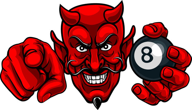 A devil man holding billiards pool 8 black ball and pointing sports team mascot illustration.