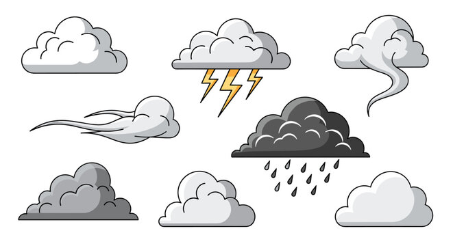 Collection of stylized cartoon clouds representing different weather conditions and atmospheric phenomena