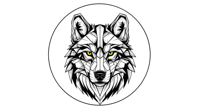 Geometric wolf head with piercing yellow eyes in a circular frame, black and white illustration
