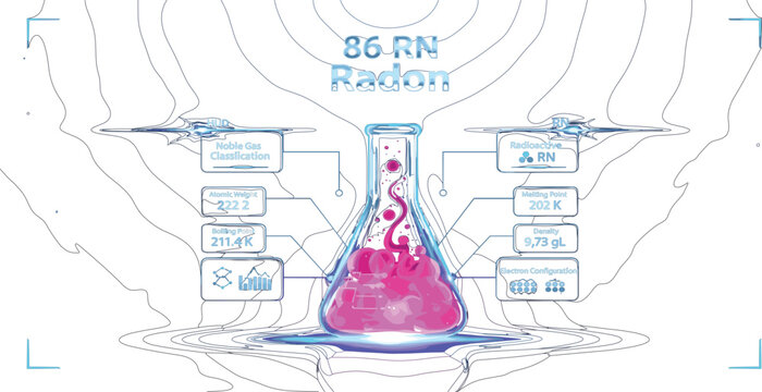 Radon Element Infographic with Chemical Properties Atomic Number and Laboratory Flask Illustration for Science Education and Periodic Table Vector Design
