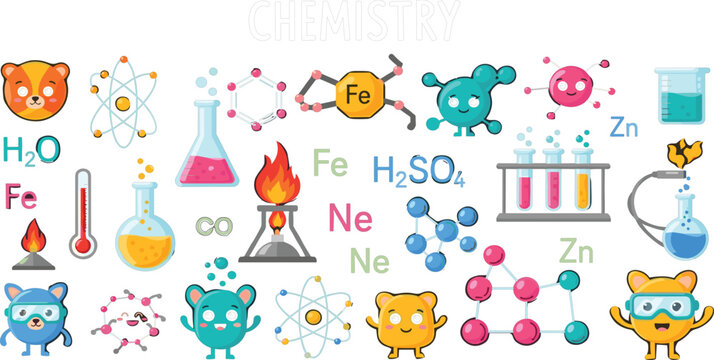 Colorful Chemistry Doodle Set with Cute Science Characters Laboratory Equipment Molecules and Formulas for Education Poster and Vector Illustration