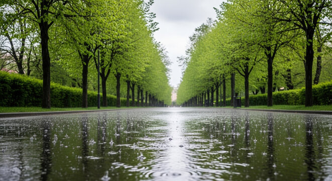 Rainy park alley with reflections, spring rain and symmetry