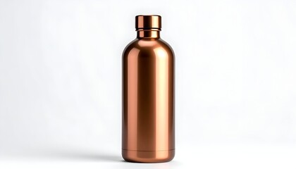 Fototapeta premium A cylindrical, copper-colored insulated container with a screw-on cap. It stands against a clean white backdrop with good lighting