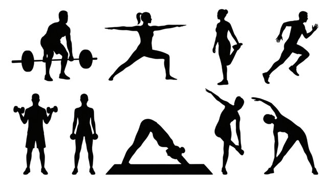 Fitness and Gym Workout Silhouette Vector Set: Weightlifting, Yoga, Stretching, and Running Characters