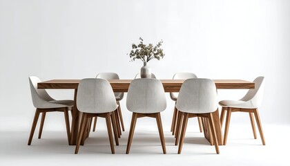 Fototapeta premium A dining room set features a large wooden table with several matching chairs and a vase with branches. Simple white background