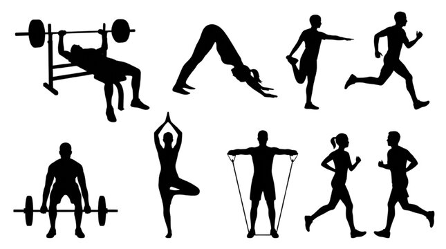 Fitness and Gym Workout Silhouette Vector Set: Weightlifting, Yoga, Stretching, and Running Characters