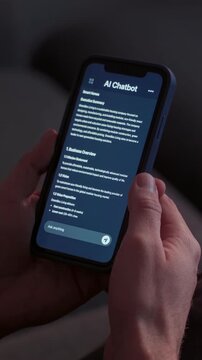 Close-up of a person holding a smartphone and interacting with an AI chatbot interface while sitting on a sofa at home, asking artificial intelligence question or business idea advice. Vertical video