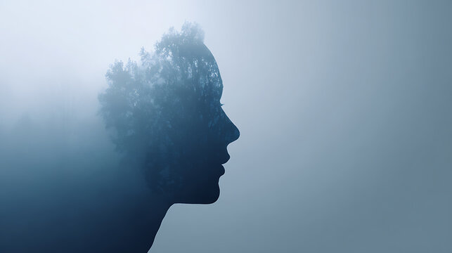 Abstract mental health concept with human silhouette filled with trees in mist. Symbolizes inner world, emotional balance, mindfulness, healing, and connection between nature and psychology