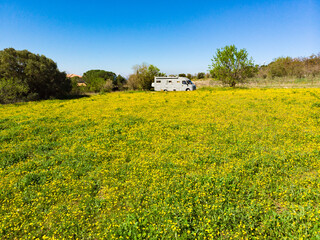 Naklejka premium Camping car parked at meadow with blue sky during daytime in a rural area