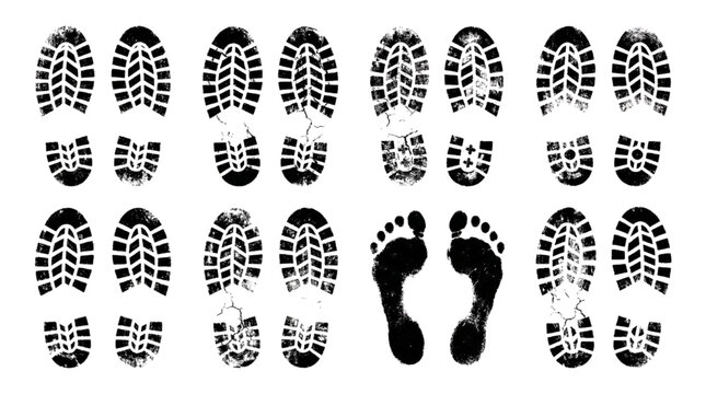 Textured Grunge Shoe Print and Footprint Vector Set: Muddy Tread Marks and Stamp Patterns