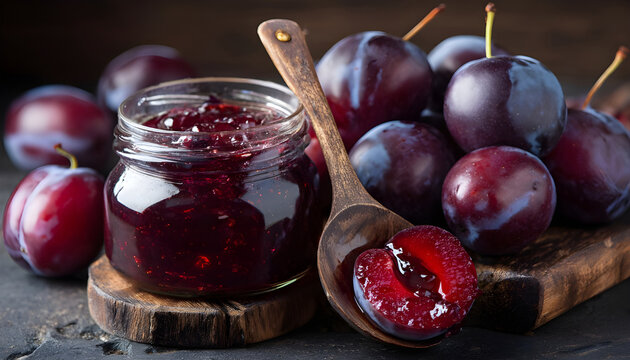Ripe plums with jam on the kitchen table.