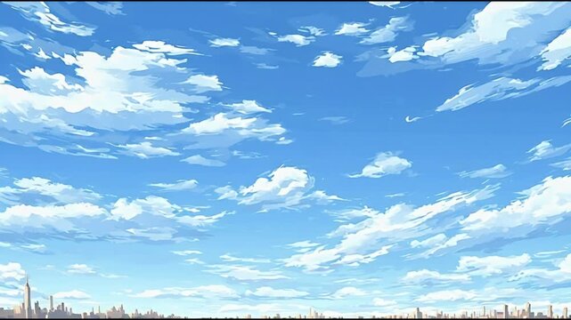 Serene Blue Sky with Fluffy White Clouds Over a Silhouetted Cityscape - A Peaceful and Optimistic Backdrop for Design Projects