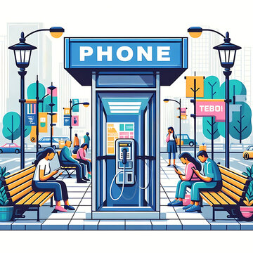 Modern city scane with phone boot and people using smartphones