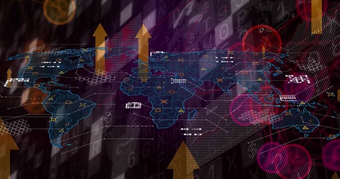 Animation of world map and icons over arrows on violet background