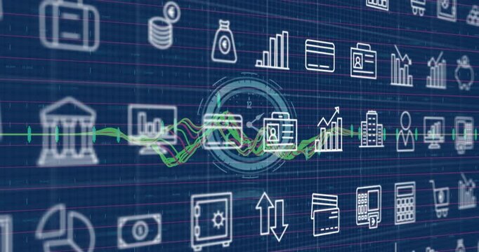 Animation of icons over clock and data processing