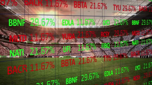 Animation of stock market data processing against sports stadium