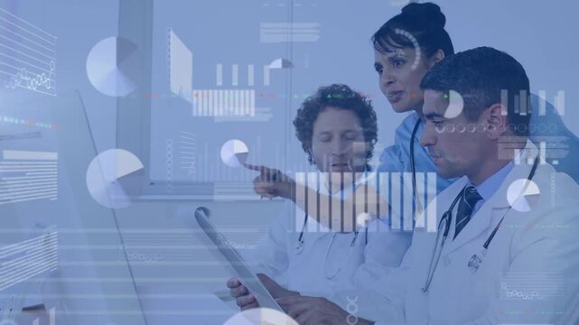 Animation of graphical infographic interface over diverse doctors discussing report in hospital