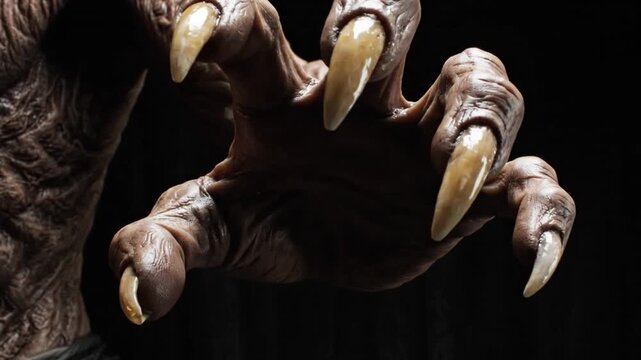 Close up of a clawed hand with long sharp nails against a dark backdrop
