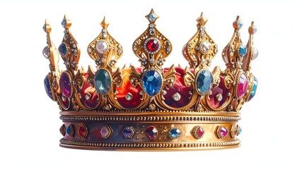 Fototapeta premium A close-up view of a detailed golden royal crown adorned with colorful jewels, set against a pristine white background