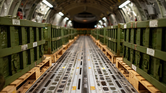 Industrial cargo space with rows of green crates on pallets, a perspective view towards the aircraft's rear interior in a warehouse or delivery context