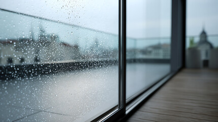 Fototapeta premium Dramatic Raindrops Adorn Modern Glass Window, Offering a Blurry Cityscape View from a Spacious Outdoor Terrace on a Gloomy Day