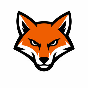 Vibrant orange fox head with white markings and black outline on white background, symbolizing cunning and sharpness in a stylized cartoon illustration