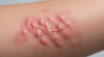 Fototapeta premium Close-up of inflamed human skin with red welts and a rash, possibly an allergic reaction or hives, showing irritation and some broken skin.