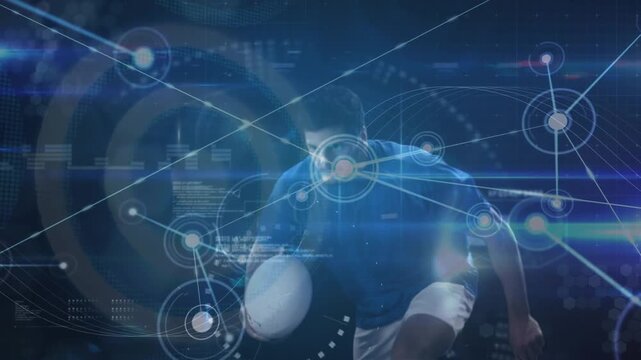 Animation of network of connections and data processing over rugby player