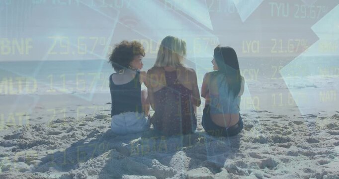 Animation of financial data processing over women on beach