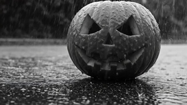 Spooky jack o lantern sits in the rain on a dark halloween night perfect for scary celebrations