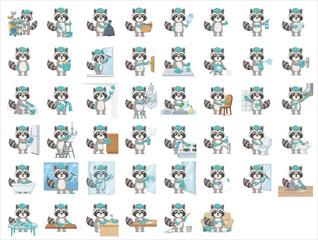 Obraz premium Raccoon mascot cleaning service character set. Cartoon vector illustration of professional housekeeping tasks. Collection of icons for janitorial and domestic cleaning. Isolated on white