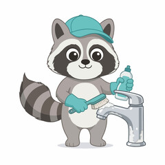 Fototapeta premium Cartoon raccoon cleaning a water faucet with a brush. Bathroom hygiene and housework concept. Flat design vector illustration